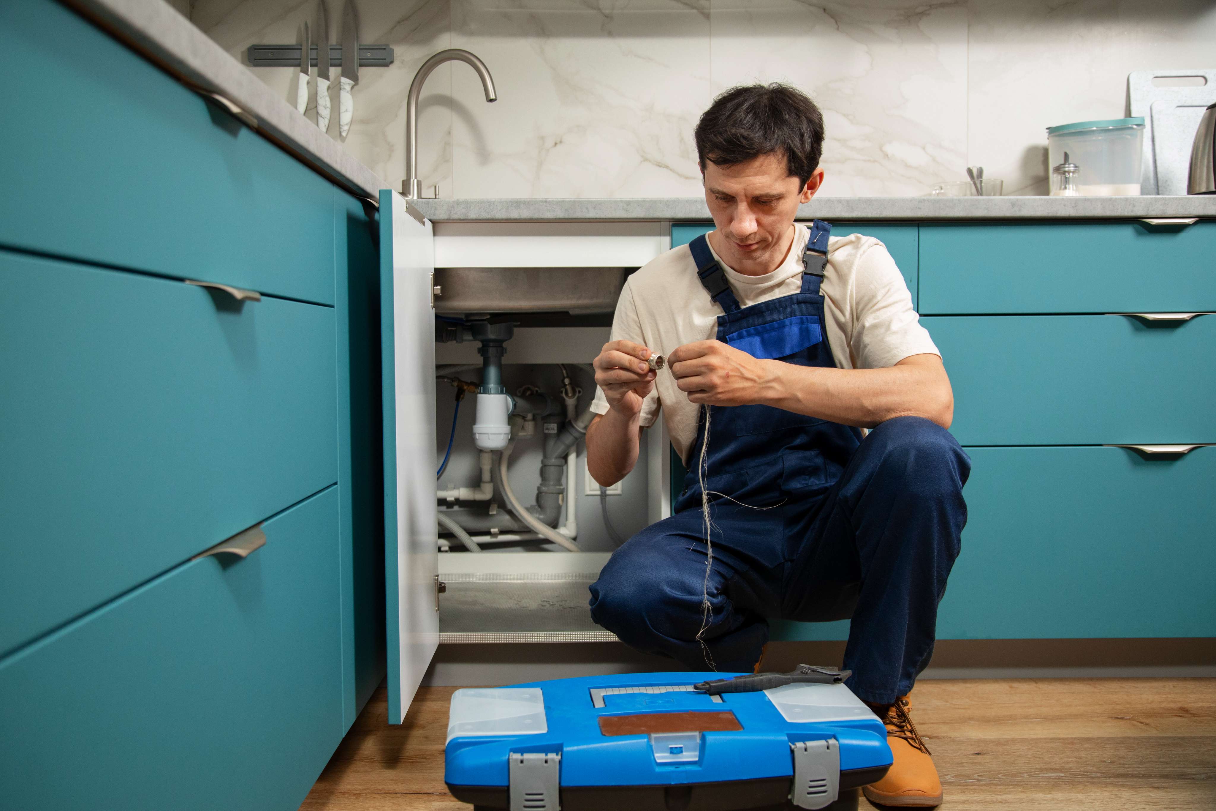 Plumber working on pipes
